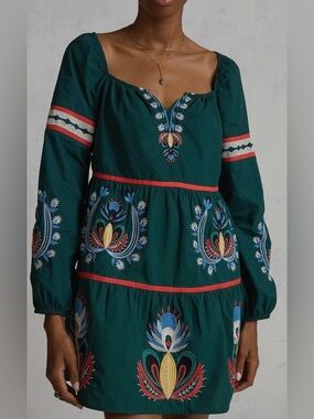 Anthropologie Let Me Be Embroidered Tunic Mini Dress Green Boho Medium